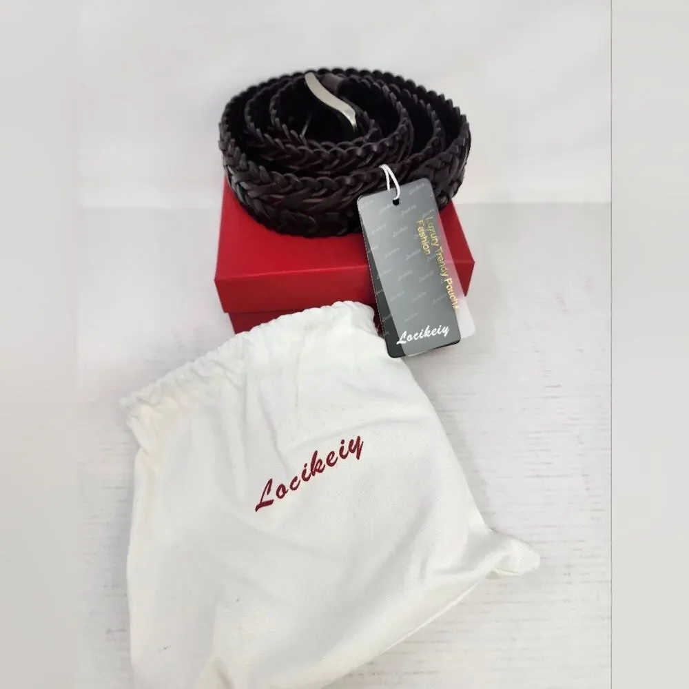 New Locikeiy Brown Men's Braided Belt Casual‎ Silver Buckle Gift Box NWT Size 44
